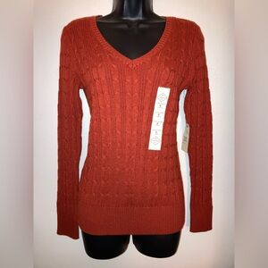 NEW St. John's Bay Rust Orange Cable Knit Women's V-Neck Preppy Sweater Small